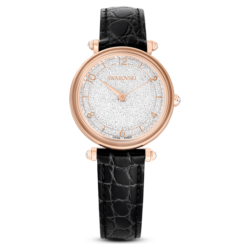 swarovski ساعة crystalline wonder، صناعة سويسرية، سوار جلد، لون أسود، لمسة نهائية بلون ذهبي وردي