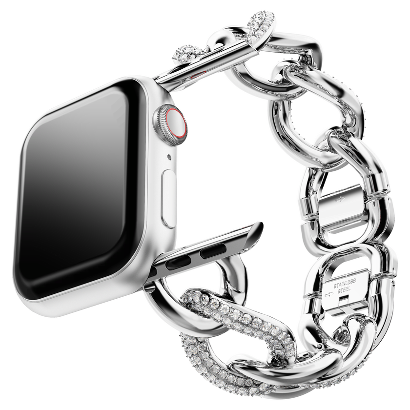 swarovski سوار برَّاق على شكل سلسلة يناسب الساعة الذكية apple watch ، لون فضي، ستانلس ستيل