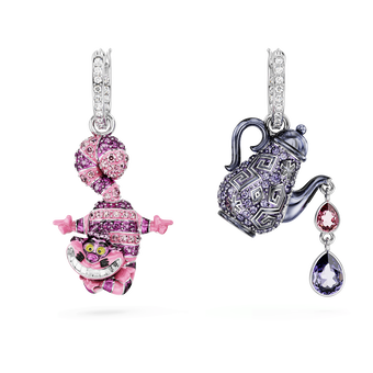 swarovski أقراط متدلية alice in wonderland، تصميم غير متماثل، قطة وإبريق شاي، ألوان متعددة، طلاء روديوم