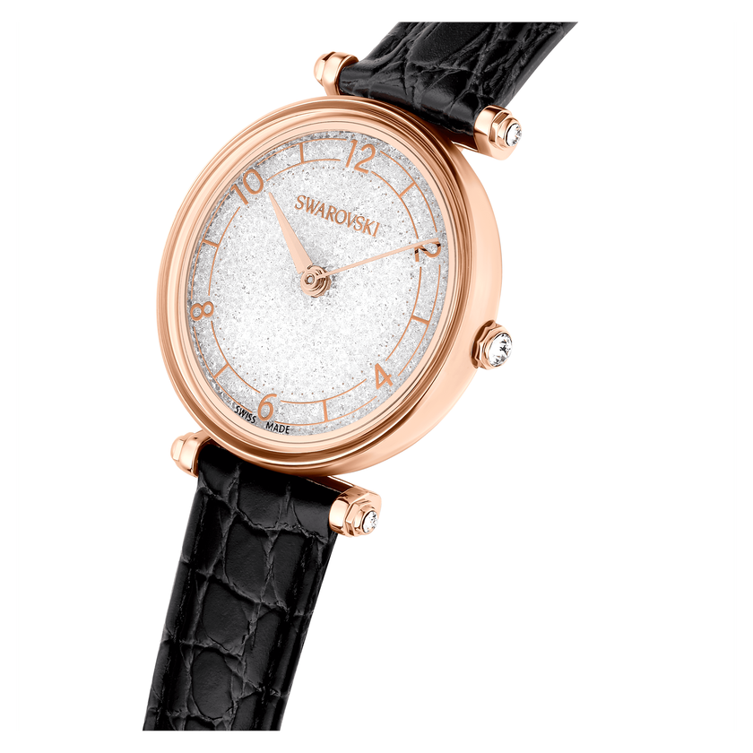 swarovski ساعة crystalline wonder، صناعة سويسرية، سوار جلد، لون أسود، لمسة نهائية بلون ذهبي وردي