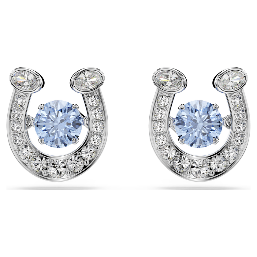swarovski أقراط دبوسية symbolica، قطع مستدير، أحجار كريستال صغيرة متراصة، شكل حدوة حصان، لون أزرق، طلاء روديوم