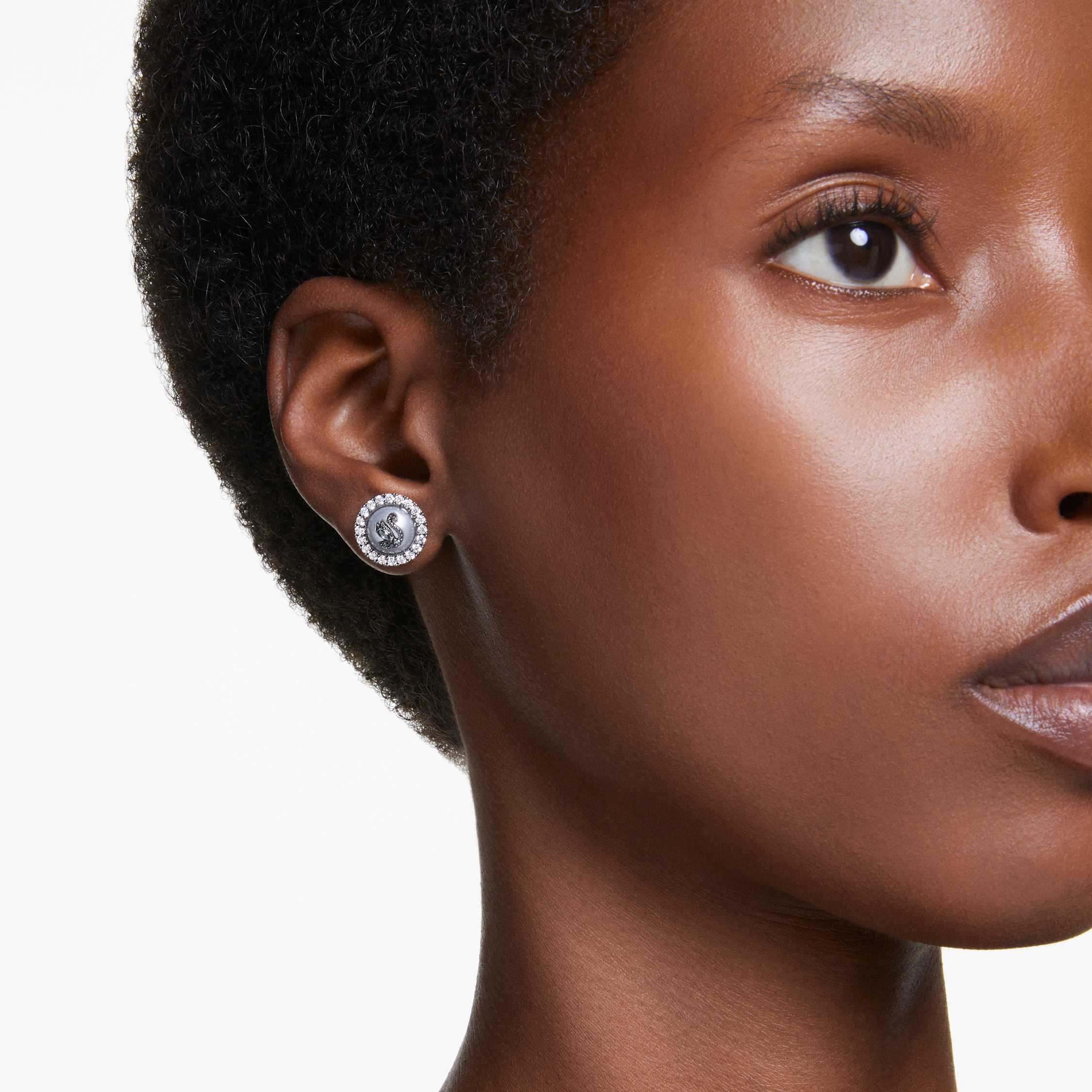 أقراط دبوسية swarovski swan، لؤلؤ كريستال، على شكل بجعة، لون رمادي، طلاء روثينيوم