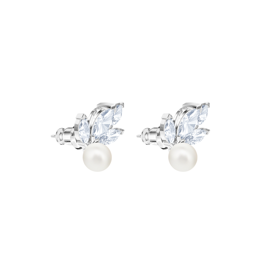 swarovski أقراط دبوسية louison مزينة بلؤلؤة، على شكل ورقة شجر، لون أبيض، طلاء روديوم