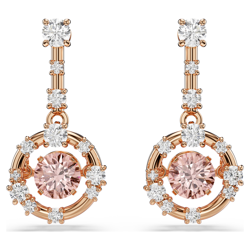 swarovski أقراط متدلية constella، قطع مستدير، حجر متراقص، لون وردي، طلاء باللون الذهبي الوردي