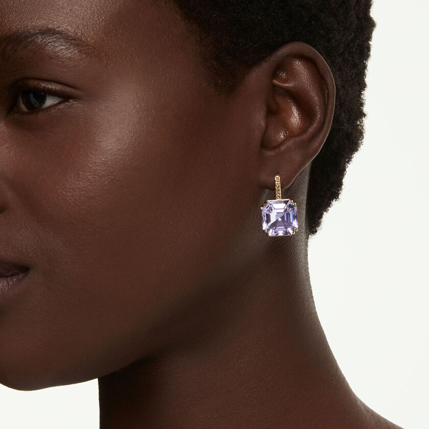 swarovski أقراط متدلية millenia، قطع مربع، لون أرجواني، لمسة نهائية من الذهب عيار 18 قيراط
