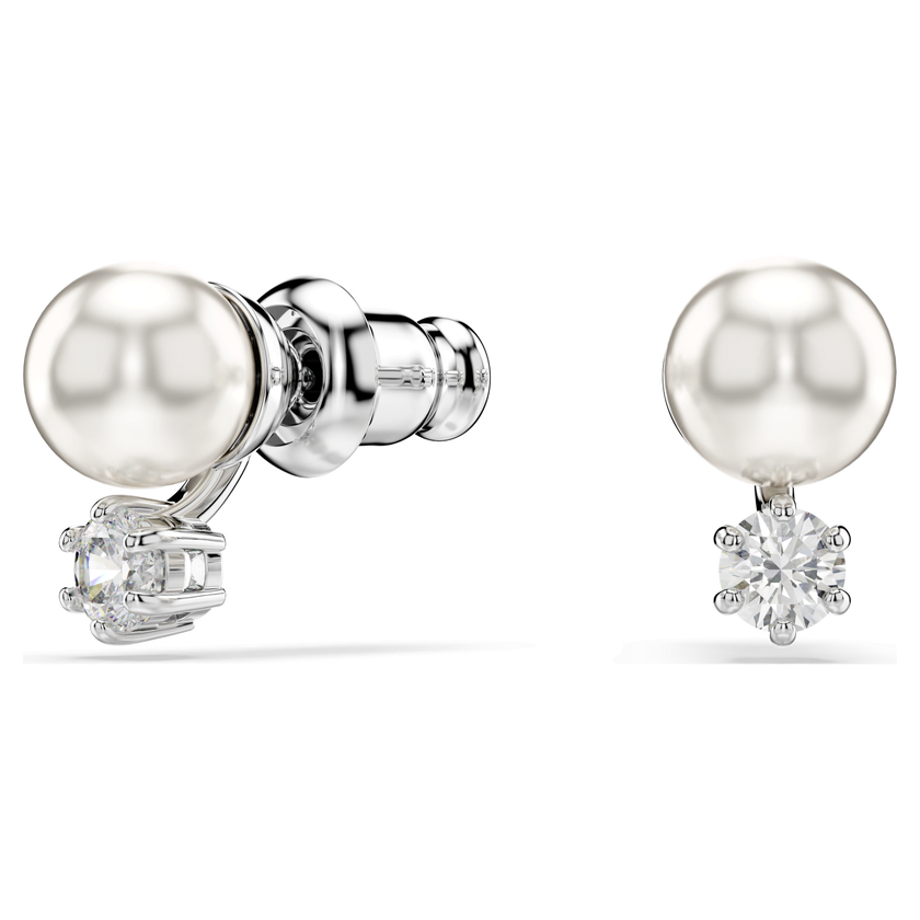 swarovski أقراط دبوسية matrix، لؤلؤة كريستال، قطع مستدير، لون أبيض، طلاء روديوم