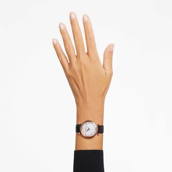 swarovski ساعة crystalline wonder، صناعة سويسرية، سوار جلد، لون أسود، لمسة نهائية بلون ذهبي وردي