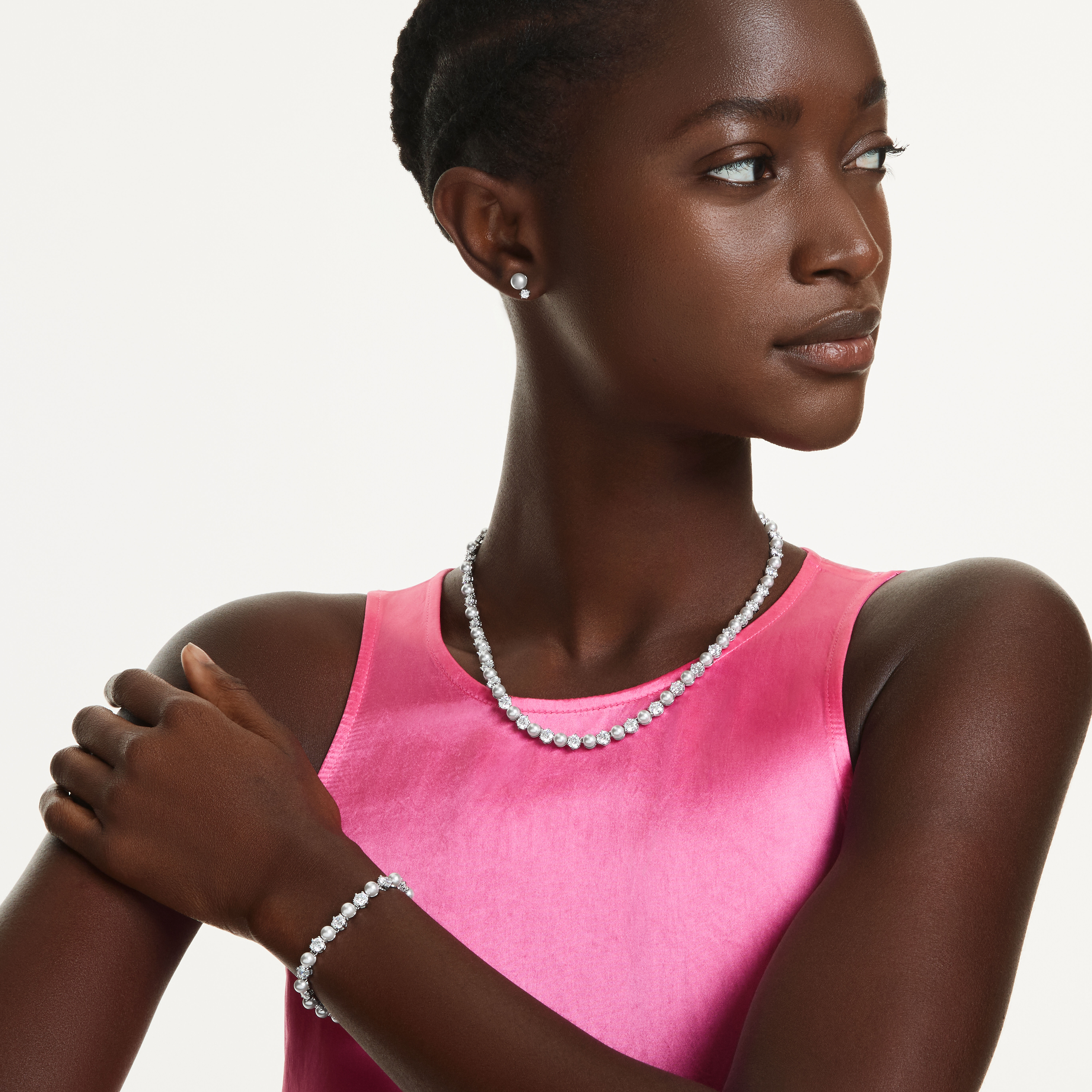 swarovski طقم matrix، لآلئ كريستال، قطع مستدير، لون أبيض، طلاء روديوم