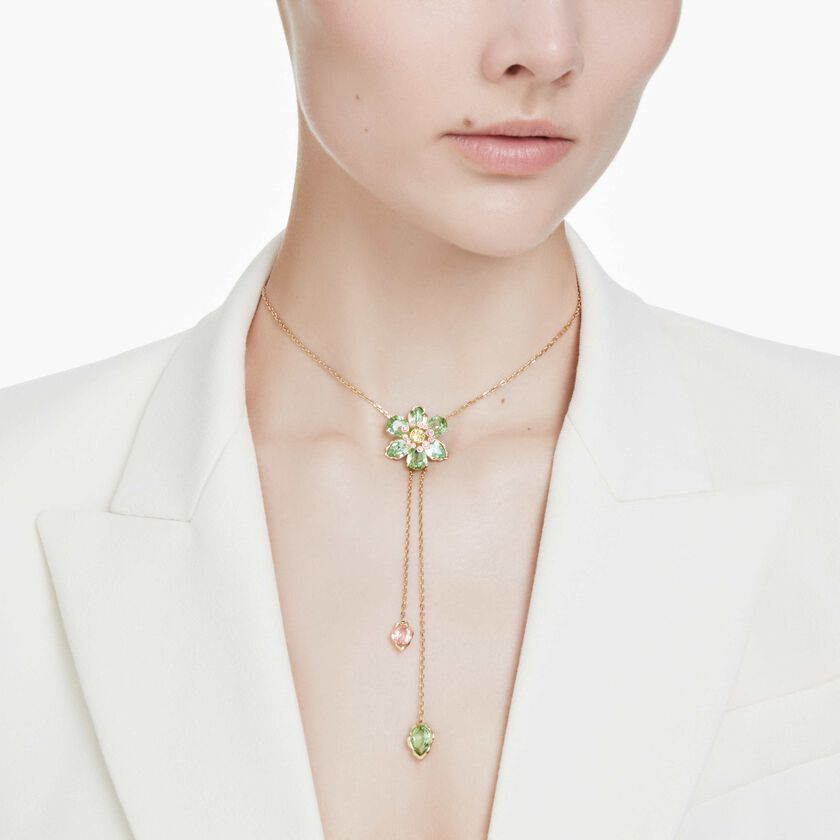 swarovski قلادة idyllia على شكل حرف y، قطع متنوع، شكل زهرة، ألوان متعددة، طلاء باللون الذهبي