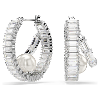 أقراط حلقية ariana grande x swarovski، لؤلؤة كريستال، قطع باغيت، لون أبيض، طلاء روديوم