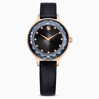 ساعة Octea Nova، صناعة سويسرية، سوار جلد، لون أسود، لمسة نهائية بلون ذهبي وردي