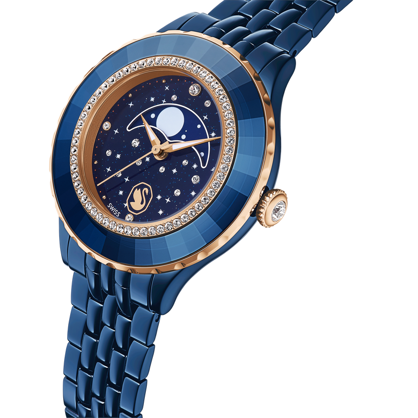 swarovski ساعة قمرية octea، سويسرية الصنع، سوار معدني، لون أزرق، لمسة نهائية باللون الأزرق
