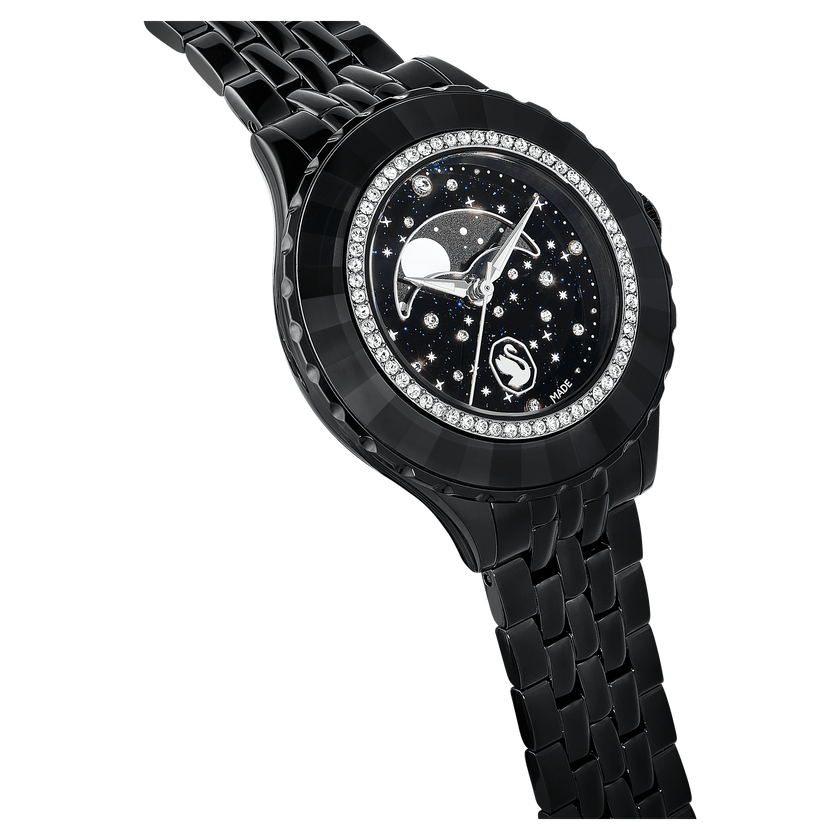 swarovski ساعة يد octea moon، صناعة سويسرية، سوار معدني، رسمة قمر، لون أسود، لمسة نهائية باللون الأسود