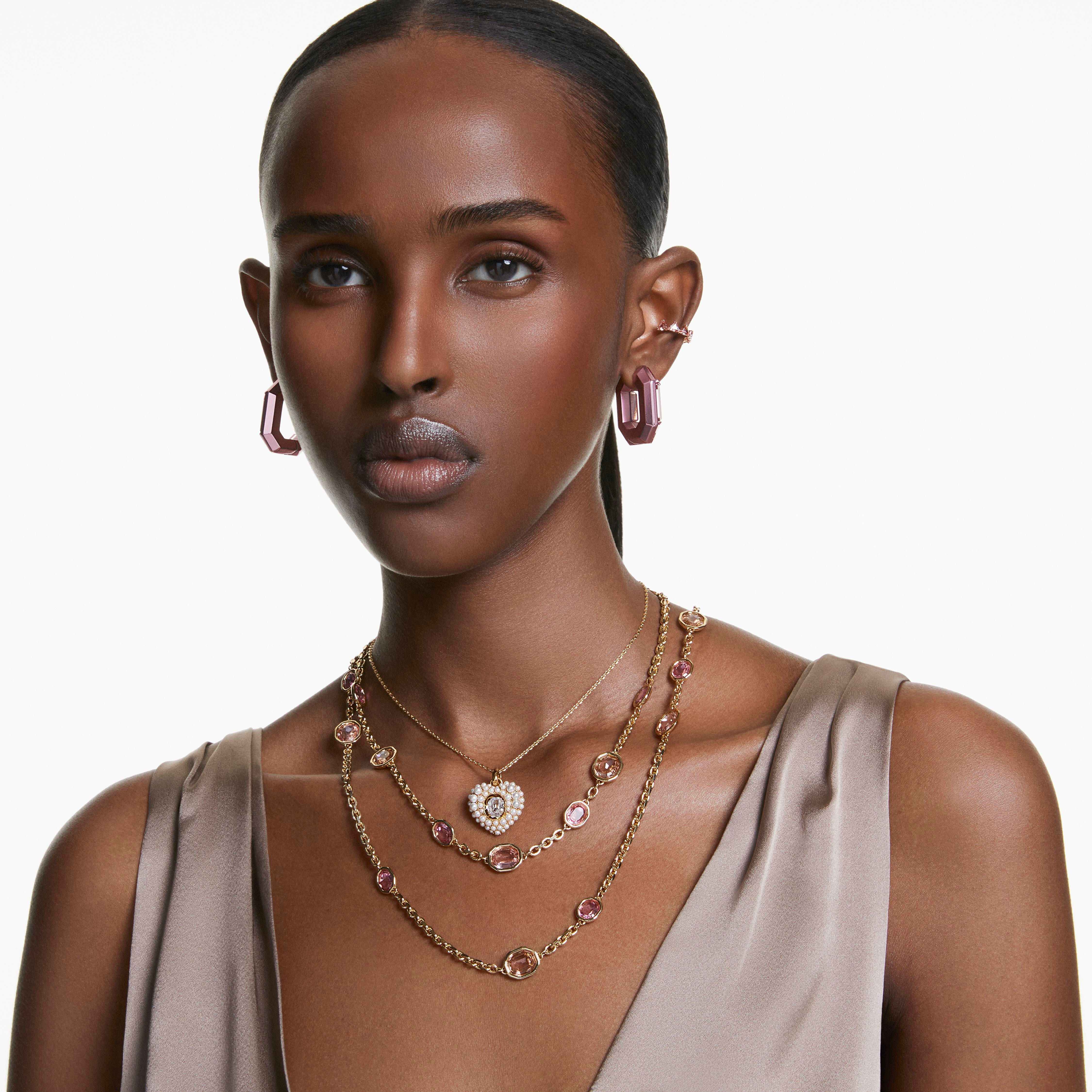 swarovski أقراط حلقية lucent، شكل مُثَمَّن، حجم صغير، لون وردي