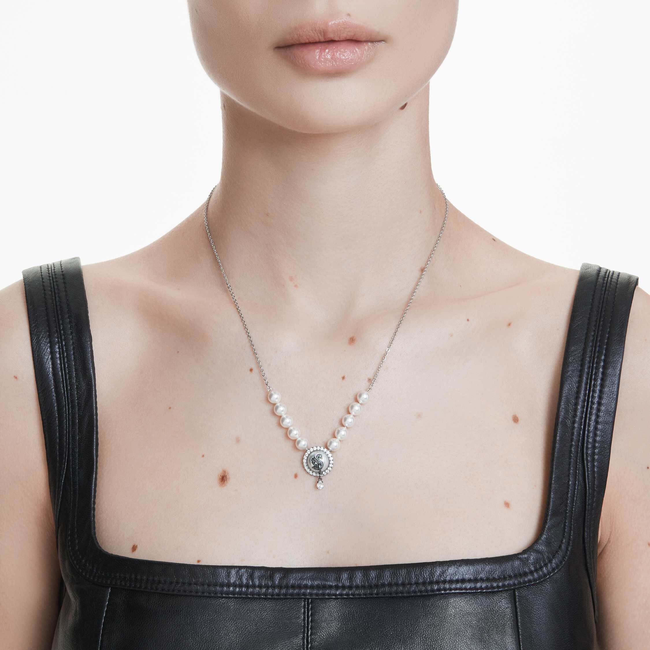 طقم swarovski swan، لؤلؤ كريستال، على شكل بجعة، لون رمادي، طلاء روديوم