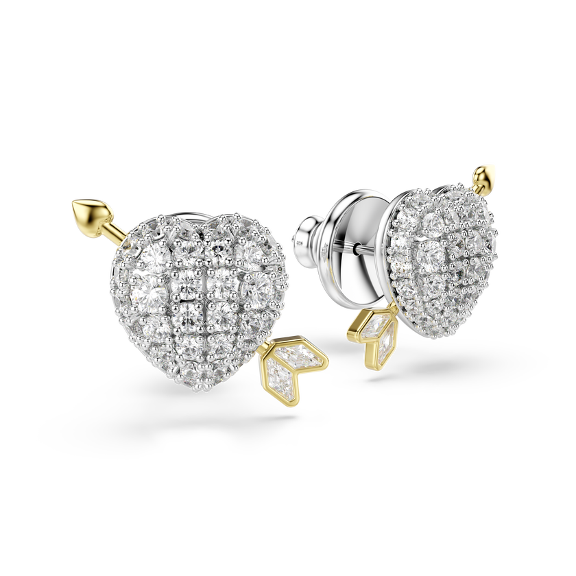 swarovski أقراط دبوسية idyllia، قطع متنوع، شكل قلب وسهم، لون أبيض، لمسة نهائية من معادن مختلطة