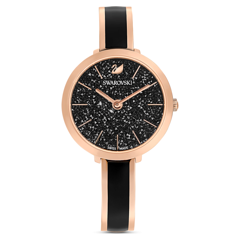 swarovski ساعة crystalline delight، صناعة سويسرية، سوار معدني، لون أسود، لمسة نهائية بلون ذهبي وردي