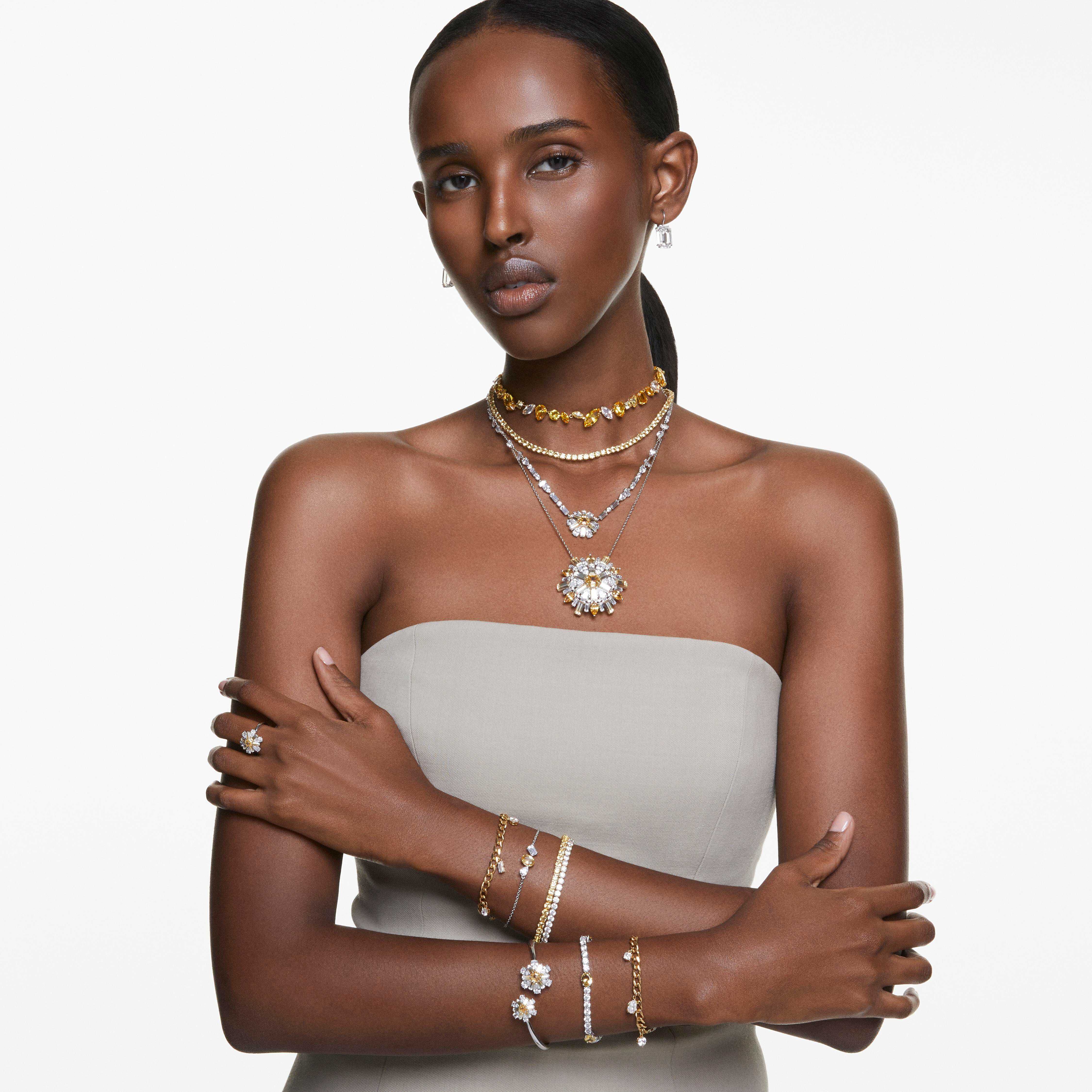 swarovski سوار idyllia، على شكل زهرة، لون أصفر، طلاء روديوم