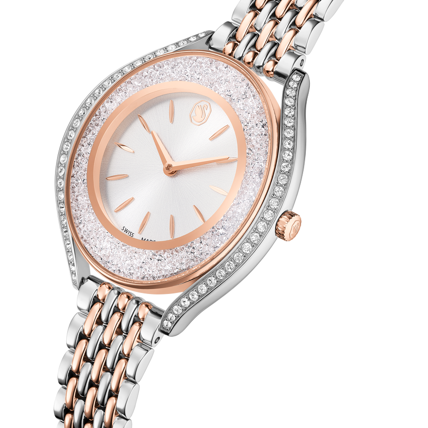 swarovski ساعة crystalline aura، صناعة سويسرية، سوار معدني، لون ذهبي وردي، لمسة نهائية من معادن مختلطة