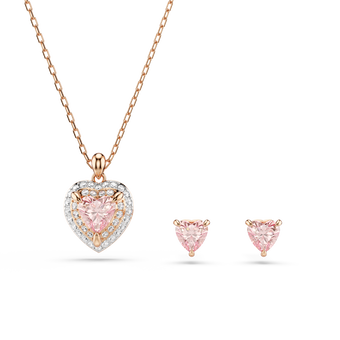 swarovski طقم one، قطع على شكل قلب، ترصيع بافيه، شكل قلب، لون وردي، لمسة نهائية من الذهب الوردي عيار 18 قيراط