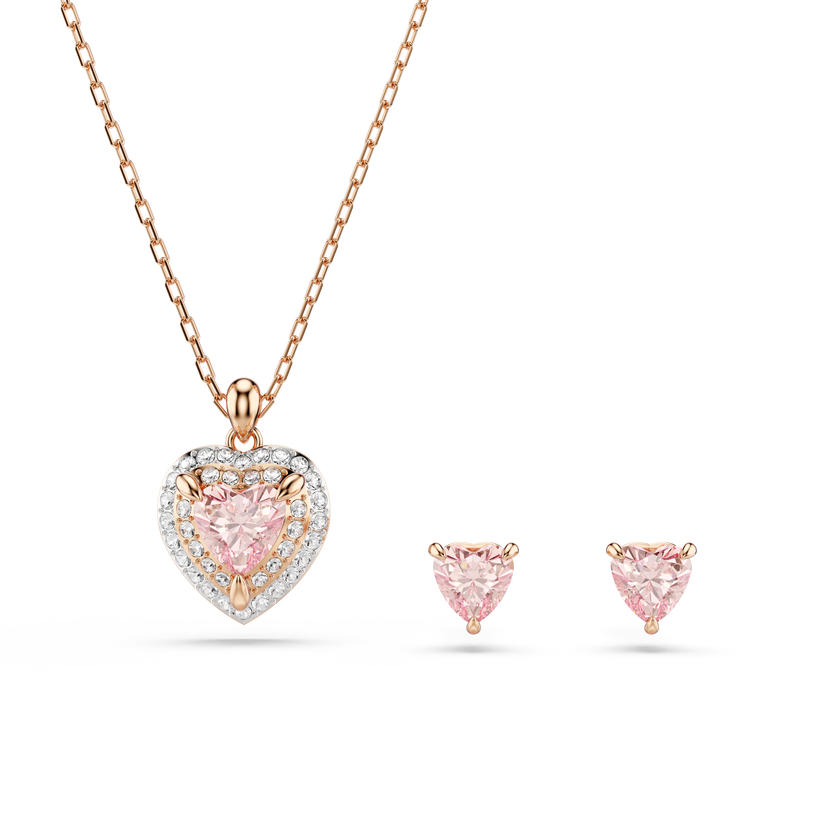 swarovski طقم one، قطع على شكل قلب، أحجار كريستال صغيرة متراصة، شكل قلب، لون وردي، لمسة نهائية من معادن مختلطة