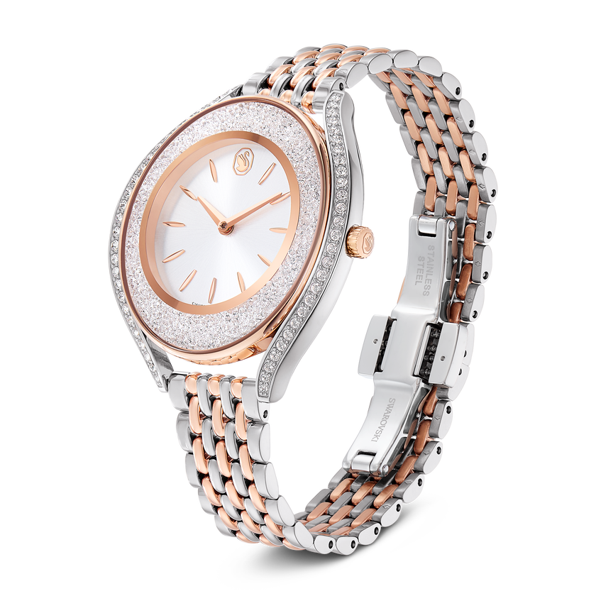 swarovski ساعة crystalline aura، صناعة سويسرية، سوار معدني، لون ذهبي وردي، لمسة نهائية من معادن مختلطة