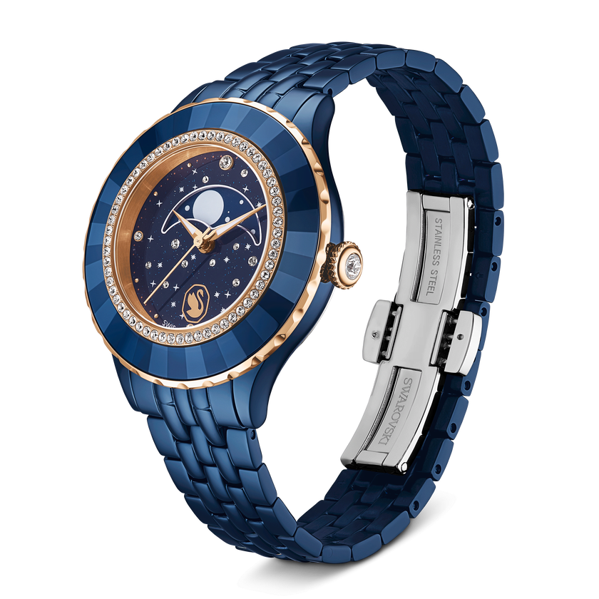 swarovski ساعة قمرية octea، سويسرية الصنع، سوار معدني، لون أزرق، لمسة نهائية باللون الأزرق