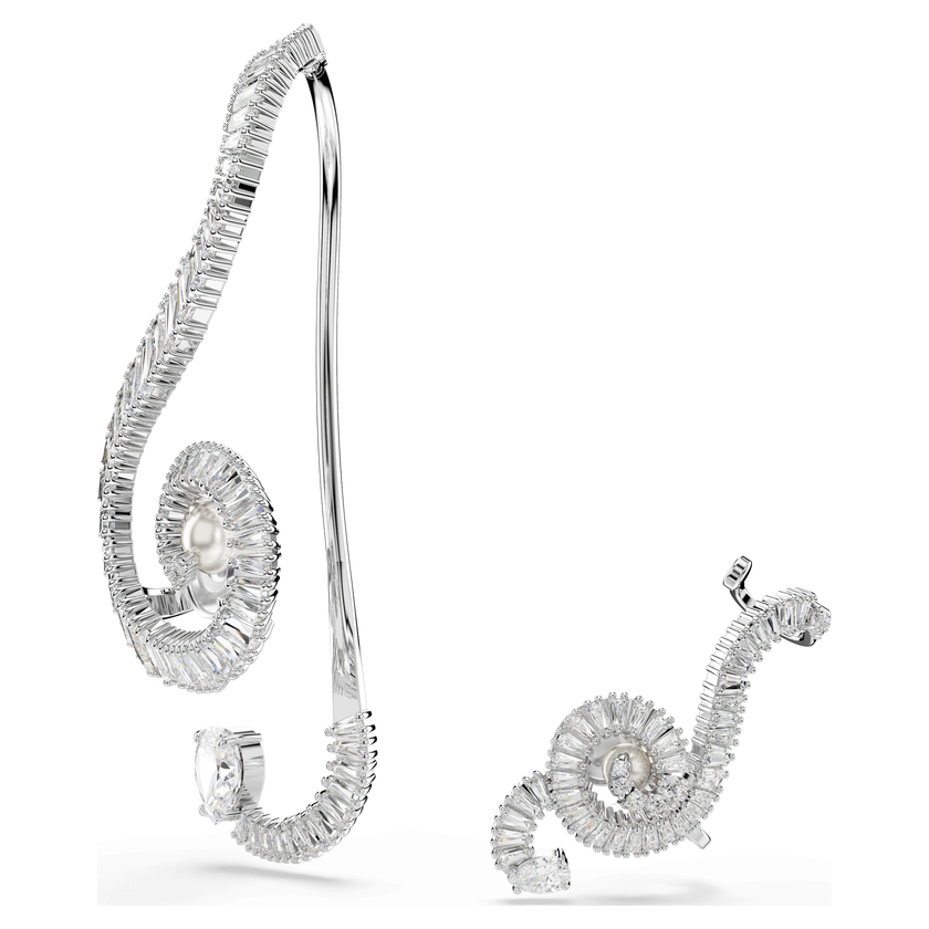 أقراط بمشبك ariana grande x swarovski، تصميم غير متماثل، لؤلؤة كريستال، قطع باغيت، لون أبيض، طلاء روديوم