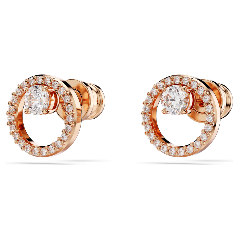 swarovski أقراط دبوسية constella، قطع مستدير، لون أبيض، طلاء باللون الذهبي الوردي