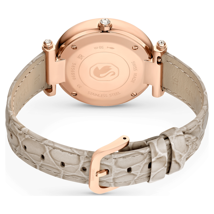 swarovski ساعة crystalline wonder، صناعة سويسرية، سوار جلد، لون بيج، لمسة نهائية بلون ذهبي وردي
