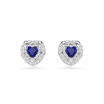 swarovski أقراط دبوسية one، قطع على شكل قلب، أحجار كريستال صغيرة متراصة، شكل قلب، لون أزرق، طلاء روديوم