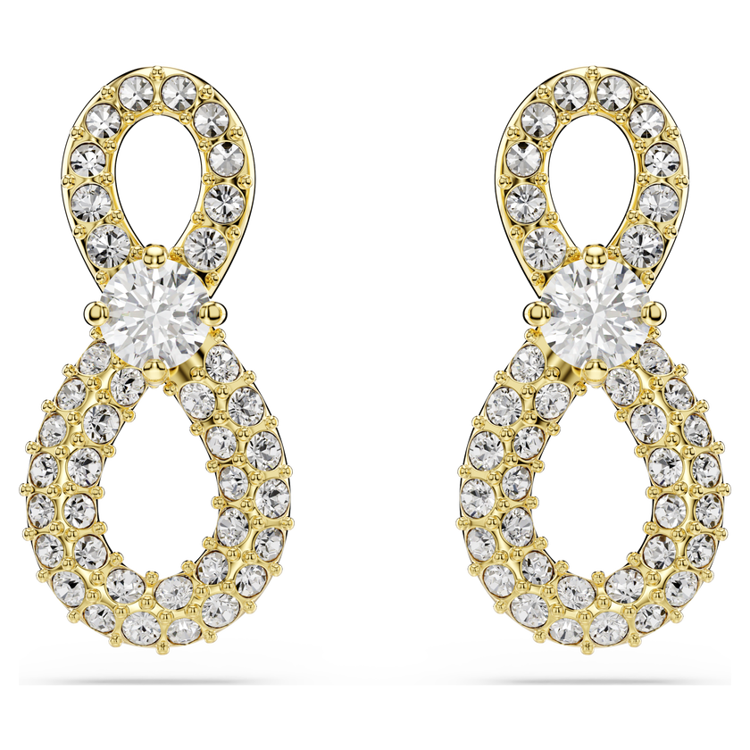 swarovski أقراط دبوسية hyperbola، قطع مُستدير، ترصيع بافيه، شكل لا نهاية، لون أبيض، لمسة نهائية من الذهب عيار 18 قيراط