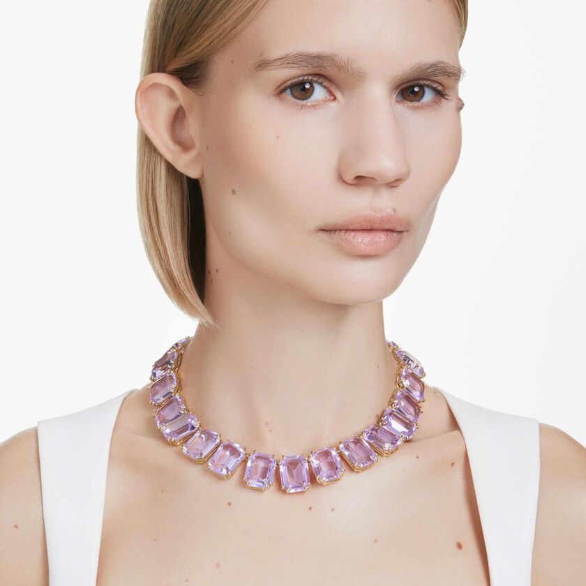 swarovski عقد millenia tennis، أحجار كريستال بحجم كبير، قطع مثمن، لون أرجواني، طلاء باللون الذهبي
