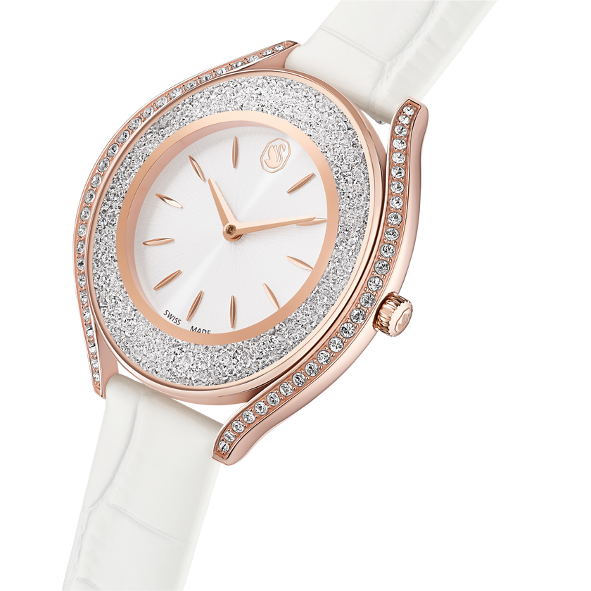swarovski ساعة crystalline aura، صناعة سويسرية، سوار جلد، لون أبيض، لمسة نهائية باللون الذهبي الوردي