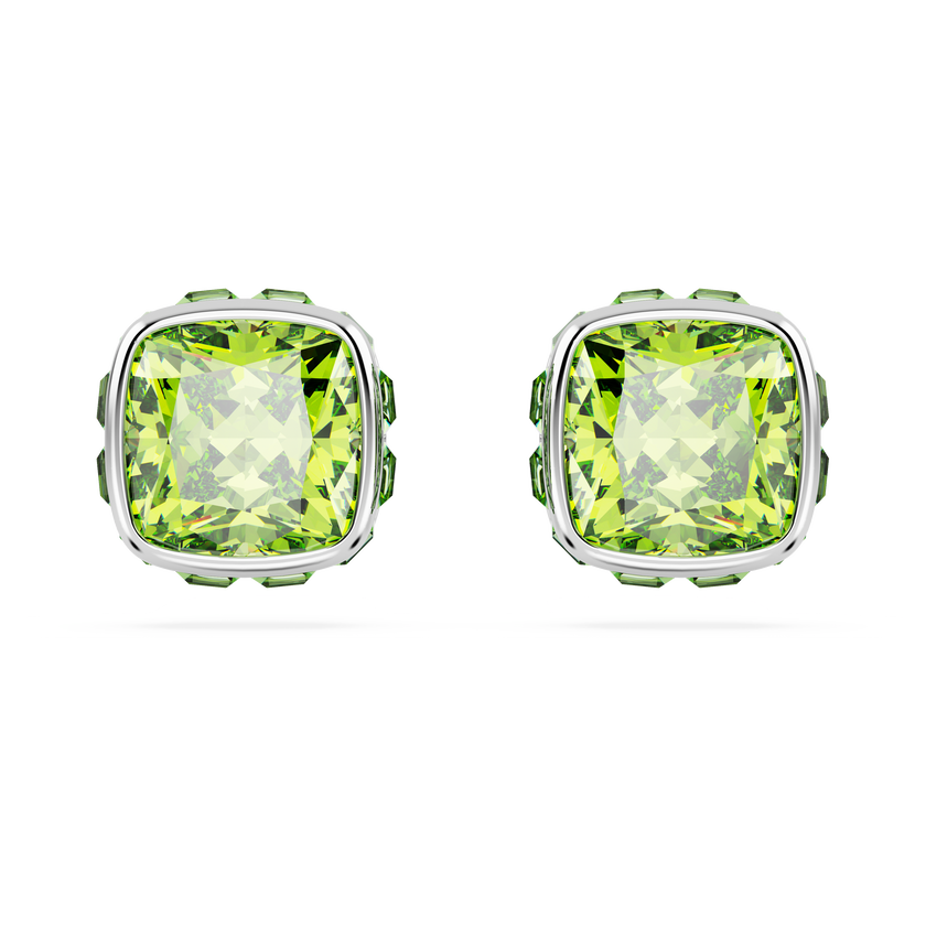 swarovski أقراط دبوسية birthstone، قطع مربع، شهر أغسطس، لون أخضر، طلاء روديوم
