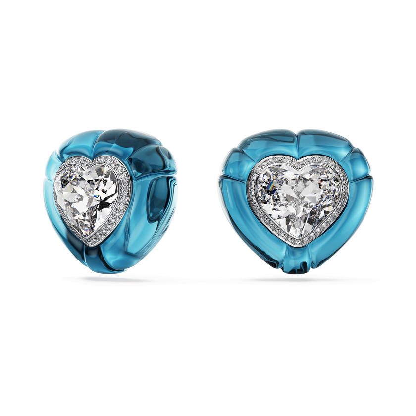 swarovski أقراط بمشبك dulcis، قطع على شكل قلب، كريستالات مُتراصَّة، شكل قلب، لون أزرق، طلاء روديوم