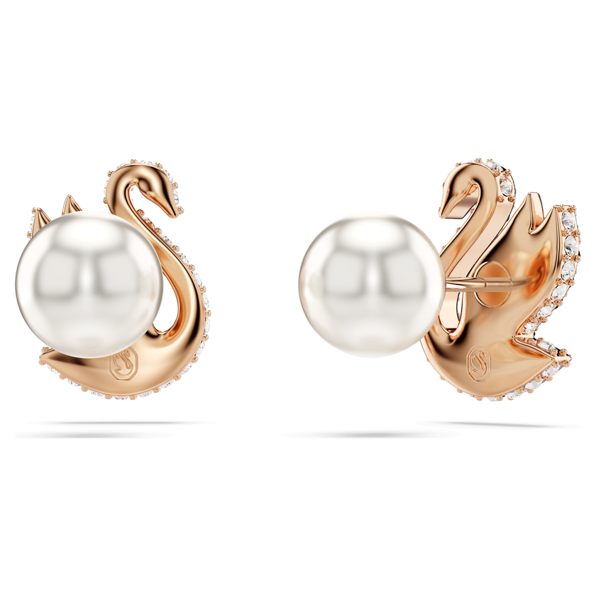 أقراط دبوسية swarovski swan، لؤلؤ كريستال، على شكل بجعة، لون أسود، طلاء ذهبي وردي