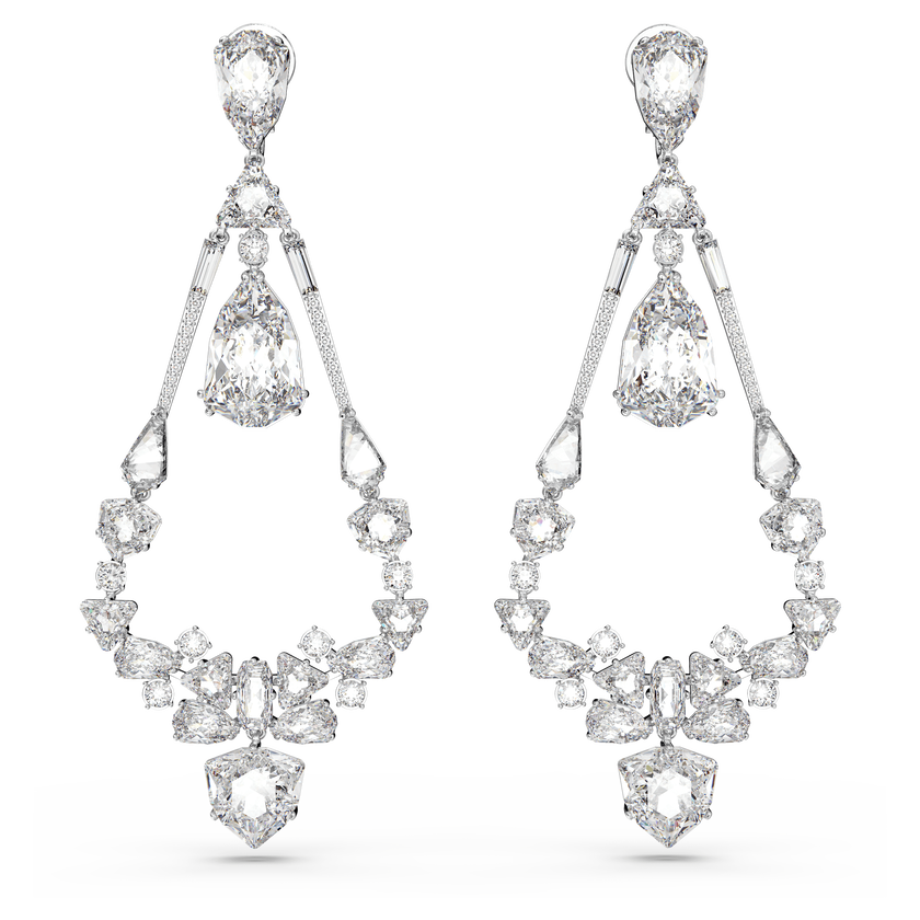 swarovski أقراط بمشبك mesmera، قطع متنوع، على شكل ثريا، طويلة، لون أبيض، طلاء روديوم