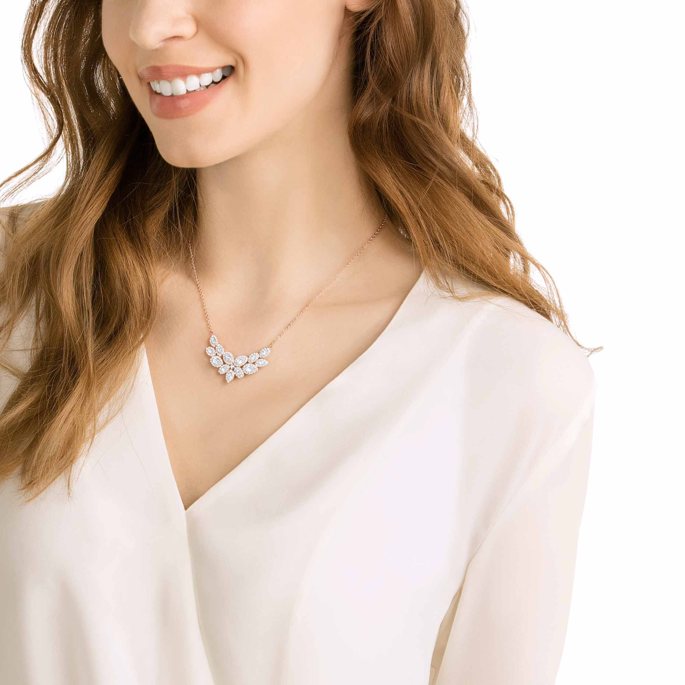 swarovski عقد baron، على شكل ورقة شجر، لون أبيض، طلاء باللون الذهبي الوردي