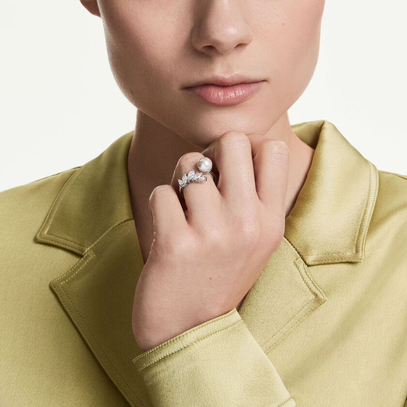 swarovski خاتم مفتوح mesmera، لؤلؤ كريستالي، قطع ماركيز، لون أبيض، طلاء روديوم
