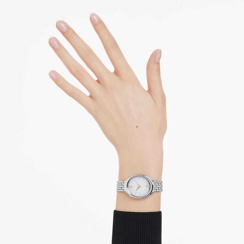 swarovski ساعة imber بيضاوية، صناعة سويسرية، سوار معدني، لون فضي، ستانلس ستيل