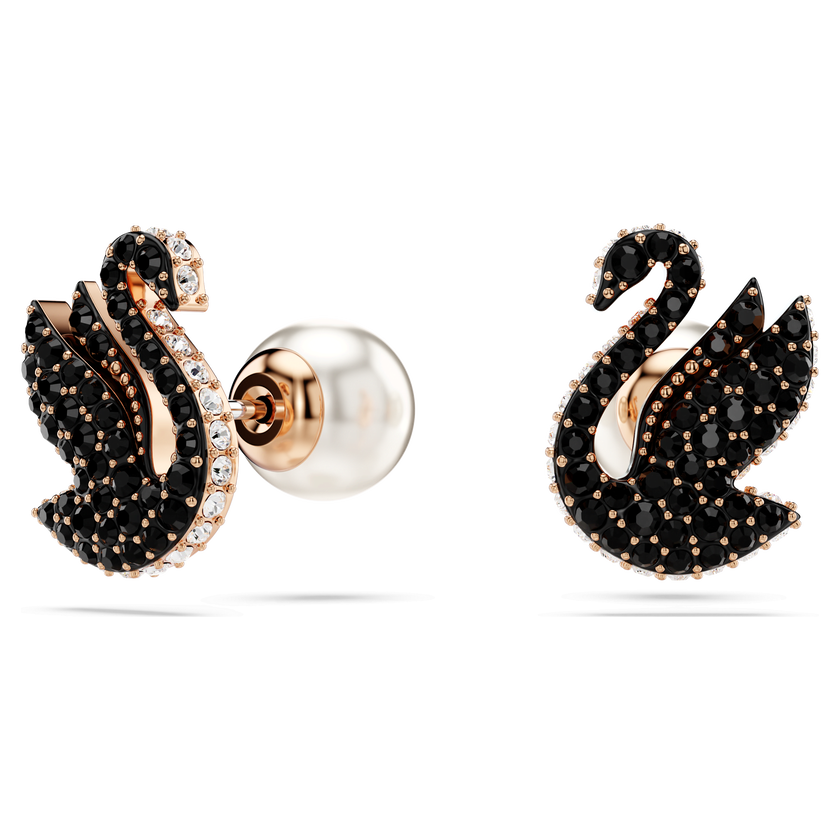 أقراط دبوسية swarovski swan، لؤلؤ كريستال، على شكل بجعة، لون أسود، طلاء ذهبي وردي
