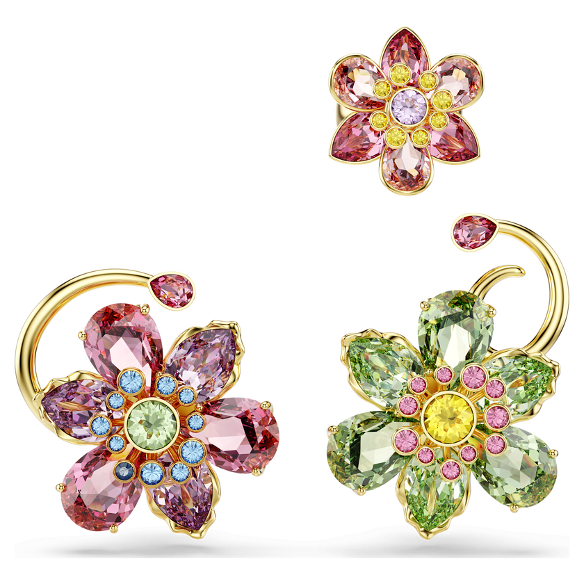 swarovski حلية للأذن idyllia، طقم مكون من 3 قطع، تصميم غير متماثل، قطع متنوع، شكل زهرة، ألوان متعددة، طلاء باللون الذهبي
