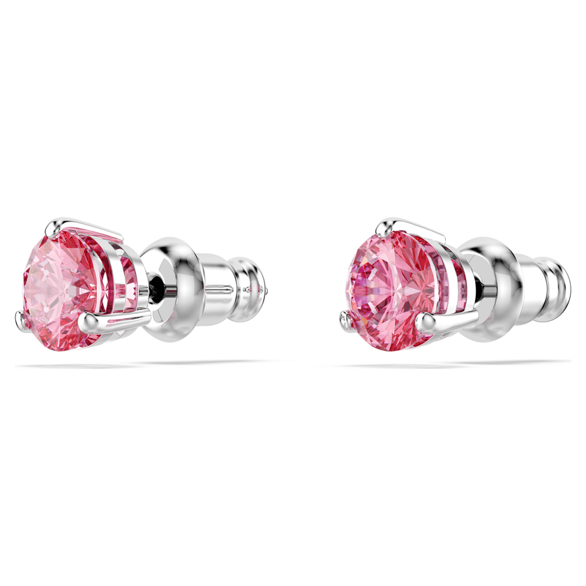 swarovski أقراط دبوسية solitaire، قطع مستدير، لون وردي، طلاء روديوم