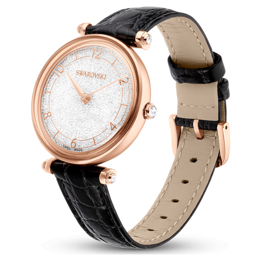 swarovski ساعة crystalline wonder، صناعة سويسرية، سوار جلد، لون أسود، لمسة نهائية بلون ذهبي وردي