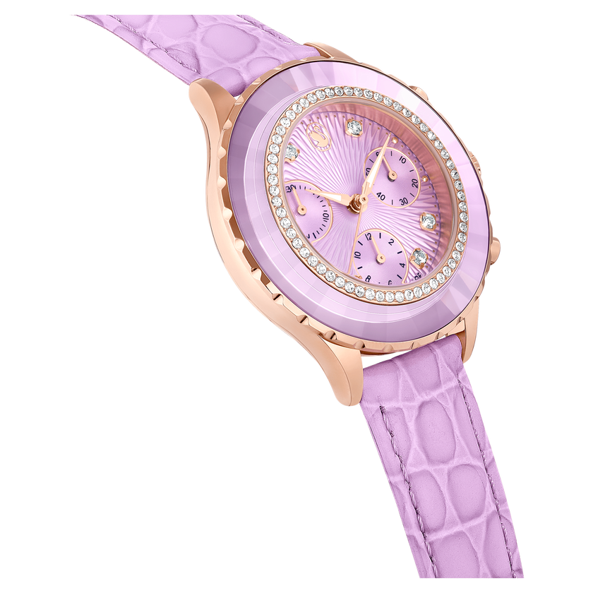 swarovski ساعة يد octea chrono، صناعة سويسرية، سوار جلد، لون أرجواني، لمسة نهائية باللون الذهبي الوردي
