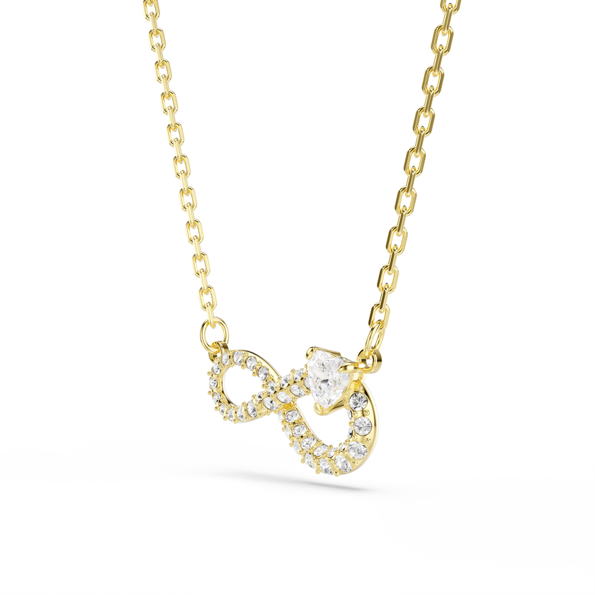 swarovski عقد hyperbola، قطع على شكل قلب، أحجار كريستال صغيرة متراصة، شكل إنفينيتي، لون أبيض، طلاء باللون الذهبي