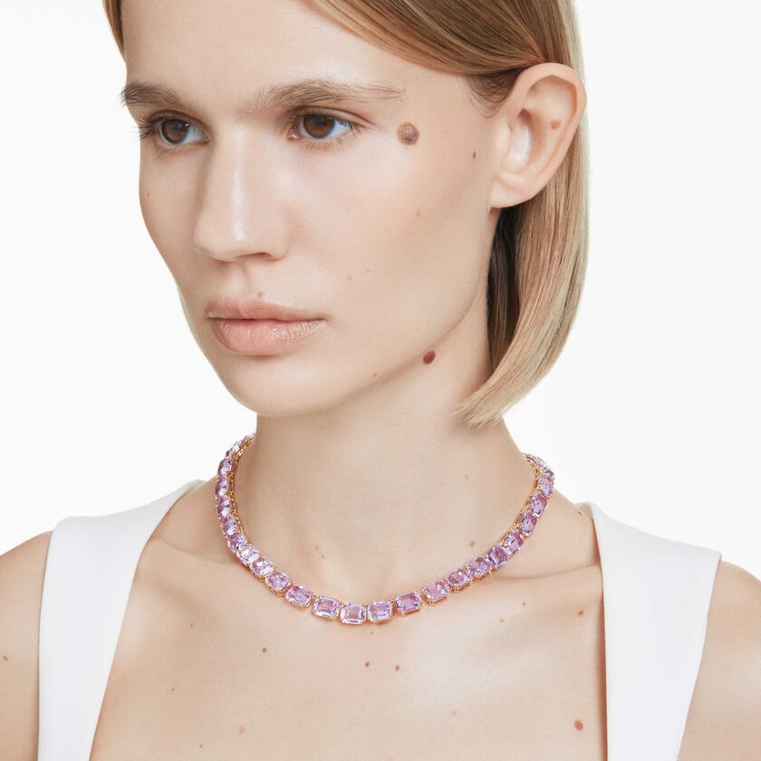 swarovski عقد millenia tennis، قطع مُثَمَّن، لون أرجواني، طلاء باللون الذهبي