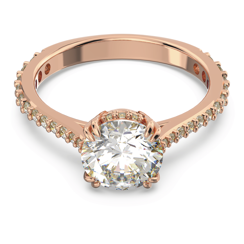 swarovski خاتم كوكتيل stilla، قطع مُستدير، ترصيع بافيه، لون أبيض، لمسة نهائية من الذهب الوردي عيار 18 قيراط