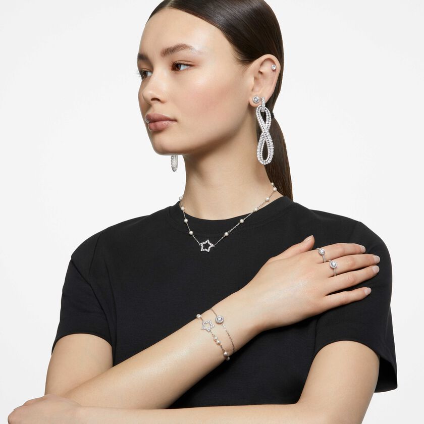 swarovski أقراط دبوسية una angelic، قطع مستدير، كريستالات متراصة، لون أبيض، طلاء روديوم
